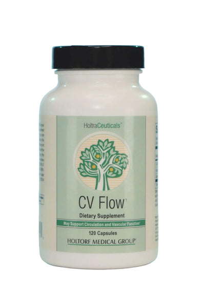 Supplement bottle labeled 'CV Flow' on a light blue background